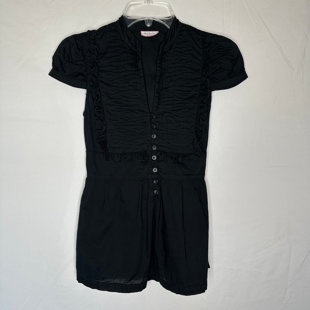 Max&Co. Black Cotton Puff Sleeve Pintuck Ruffle Blouse Top Back Tie Size 4